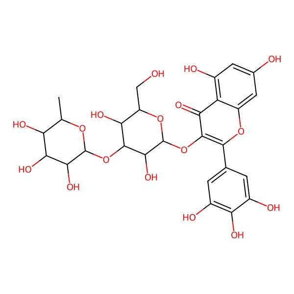 2D Structure of 3-[(2S,3R,4S,5S,6R)-3,5-dihydroxy-6-(hydroxymethyl)-4-[(2S,3R,4R,5R,6S)-3,4,5-trihydroxy-6-methyloxan-2-yl]oxyoxan-2-yl]oxy-5,7-dihydroxy-2-(3,4,5-trihydroxyphenyl)chromen-4-one