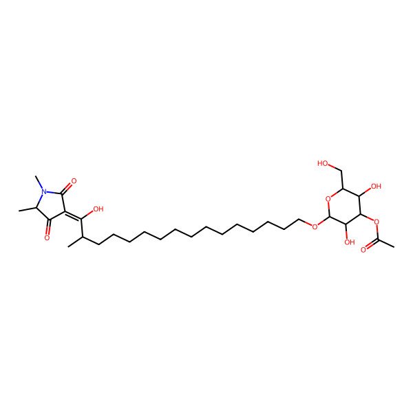 2D Structure of [(2R,3S,4S,5R,6R)-2-[16-(1,5-dimethyl-2,4-dioxopyrrolidin-3-ylidene)-16-hydroxy-15-methylhexadecoxy]-3,5-dihydroxy-6-(hydroxymethyl)oxan-4-yl] acetate