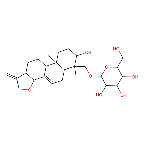 2D Structure of (2R,3R,4S,5S,6R)-2-[[(3aR,5aS,6S,7R,9aS,9bS,11aS)-7-hydroxy-6,9a-dimethyl-1-methylidene-3a,5,5a,7,8,9,9b,10,11,11a-decahydronaphtho[1,2-g][1]benzofuran-6-yl]methoxy]-6-(hydroxymethyl)oxane-3,4,5-triol