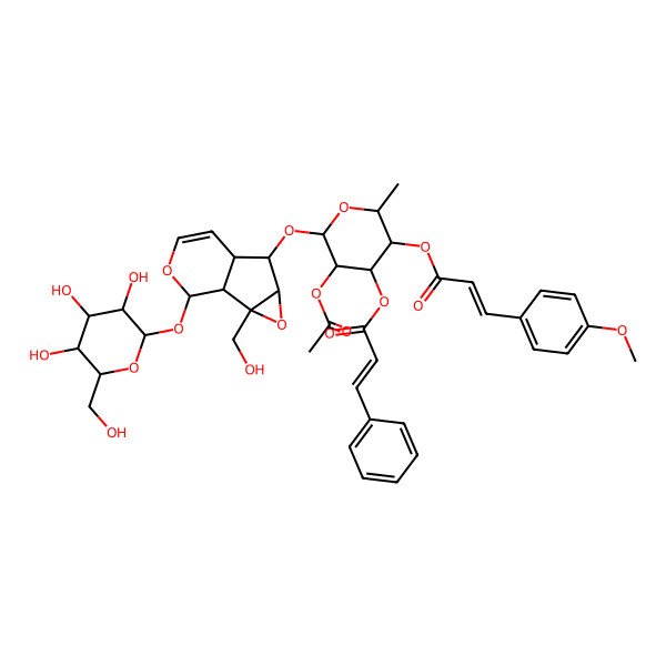 2D Structure of [(2S,3R,4R,5S,6S)-3-acetyloxy-2-[[(1S,2S,4S,5S,6R,10S)-2-(hydroxymethyl)-10-[(2S,3R,4S,5S,6R)-3,4,5-trihydroxy-6-(hydroxymethyl)oxan-2-yl]oxy-3,9-dioxatricyclo[4.4.0.02,4]dec-7-en-5-yl]oxy]-5-[(E)-3-(4-methoxyphenyl)prop-2-enoyl]oxy-6-methyloxan-4-yl] (E)-3-phenylprop-2-enoate