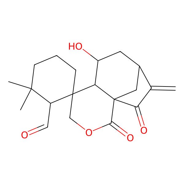2D Structure of (1S,1'R,5S,6S,7S,9S)-7-hydroxy-2',2'-dimethyl-10-methylidene-2,11-dioxospiro[3-oxatricyclo[7.2.1.01,6]dodecane-5,6'-cyclohexane]-1'-carbaldehyde