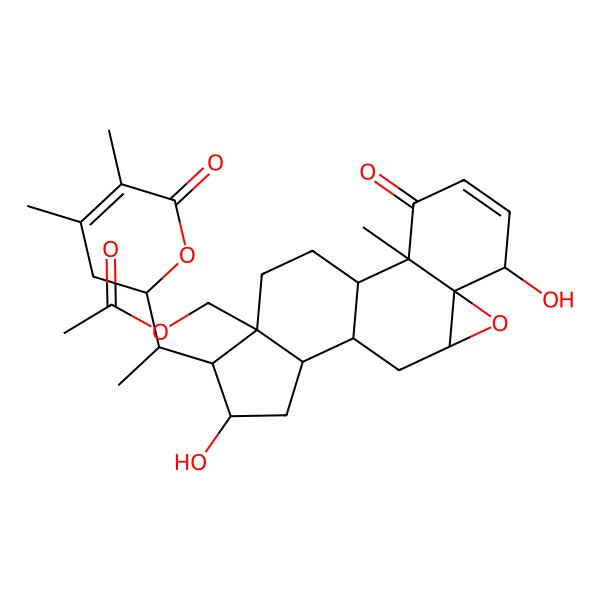 2D Structure of [(1S,2R,6S,7R,9R,11S,12S,14R,15R,16R)-15-[(1S)-1-[(2R)-4,5-dimethyl-6-oxo-2,3-dihydropyran-2-yl]ethyl]-6,14-dihydroxy-2-methyl-3-oxo-8-oxapentacyclo[9.7.0.02,7.07,9.012,16]octadec-4-en-16-yl]methyl acetate