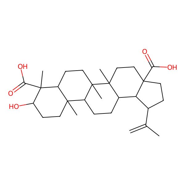 2D Structure of (1R,3aS,5aR,5bR,7aR,8R,9R,11aR,11bR,13aR,13bR)-9-hydroxy-5a,5b,8,11a-tetramethyl-1-prop-1-en-2-yl-1,2,3,4,5,6,7,7a,9,10,11,11b,12,13,13a,13b-hexadecahydrocyclopenta[a]chrysene-3a,8-dicarboxylic acid