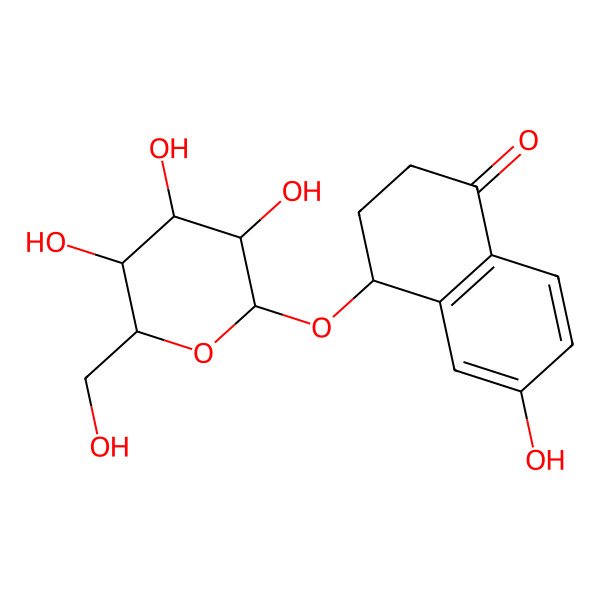 2D Structure of (4S)-6-hydroxy-4-[(2R,3R,4S,5S,6R)-3,4,5-trihydroxy-6-(hydroxymethyl)oxan-2-yl]oxy-3,4-dihydro-2H-naphthalen-1-one