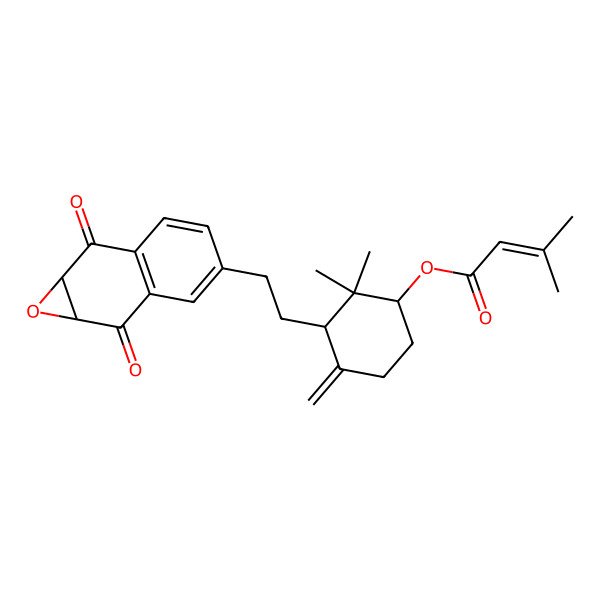 2D Structure of [(1S)-3-[2-(2,7-dioxo-1a,7a-dihydronaphtho[2,3-b]oxiren-4-yl)ethyl]-2,2-dimethyl-4-methylene-cyclohexyl] 3-methylbut-2-enoate