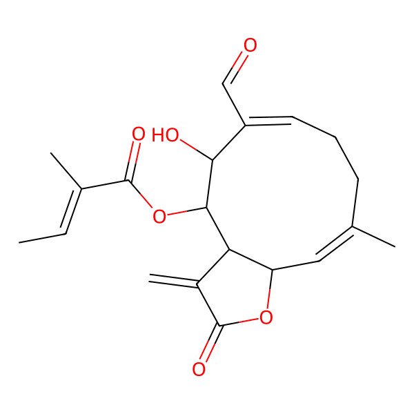 2D Structure of (6-Formyl-5-hydroxy-10-methyl-3-methylidene-2-oxo-3a,4,5,8,9,11a-hexahydrocyclodeca[b]furan-4-yl) 2-methylbut-2-enoate