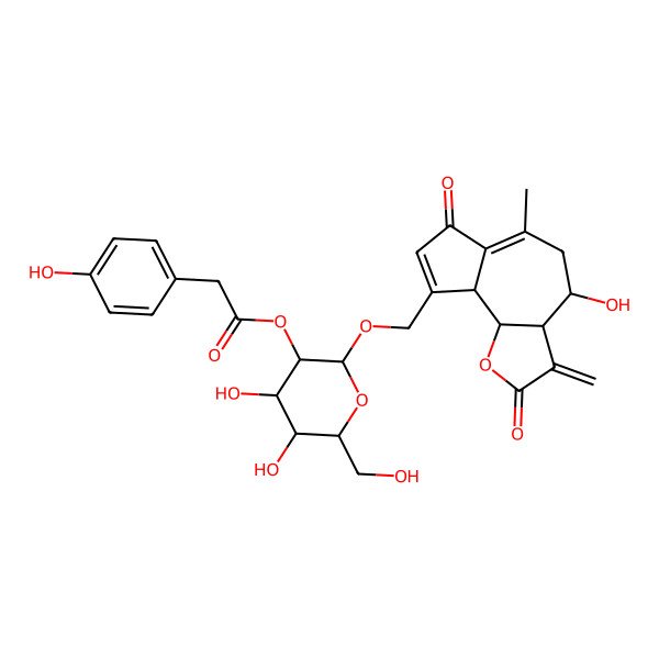 2D Structure of [(2R,3R,4S,5S,6R)-2-[[(3aR,4S,9aS,9bR)-4-hydroxy-6-methyl-3-methylidene-2,7-dioxo-4,5,9a,9b-tetrahydro-3aH-azuleno[8,7-b]furan-9-yl]methoxy]-4,5-dihydroxy-6-(hydroxymethyl)oxan-3-yl] 2-(4-hydroxyphenyl)acetate