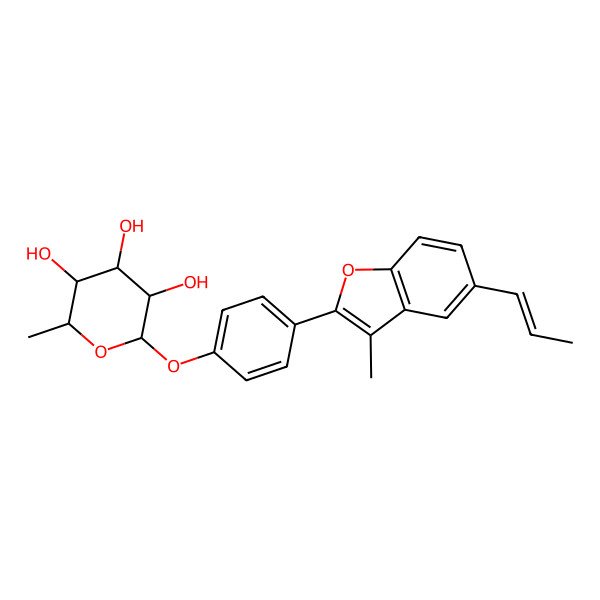 2D Structure of (2R,3S,4S,5S,6S)-2-methyl-6-[4-[3-methyl-5-[(E)-prop-1-enyl]-1-benzofuran-2-yl]phenoxy]oxane-3,4,5-triol