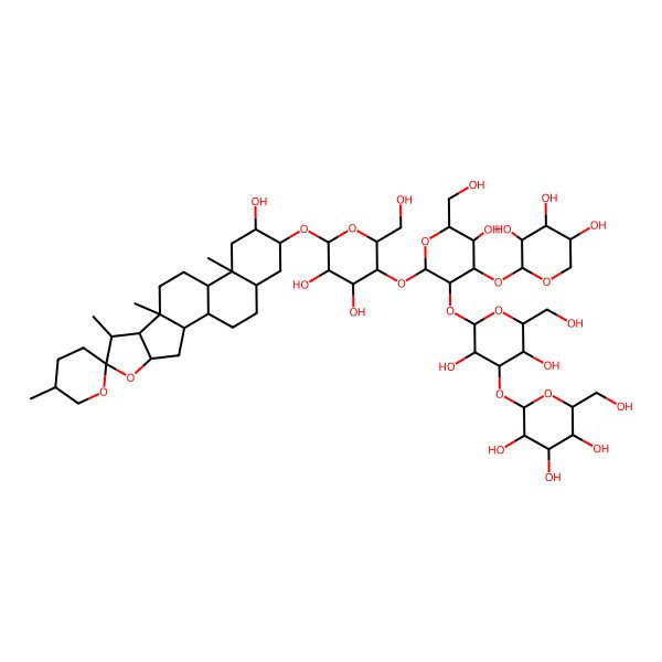 2D Structure of (2S,3R,4S,5S,6R)-2-[(2S,3R,4S,5R,6R)-2-[(2S,3R,4S,5R,6R)-2-[(2R,3R,4R,5R,6R)-4,5-dihydroxy-2-(hydroxymethyl)-6-[(1R,2S,4S,5'R,6R,7S,8R,9S,12S,13S,15R,16R,18S)-15-hydroxy-5',7,9,13-tetramethylspiro[5-oxapentacyclo[10.8.0.02,9.04,8.013,18]icosane-6,2'-oxane]-16-yl]oxyoxan-3-yl]oxy-5-hydroxy-6-(hydroxymethyl)-4-[(2S,3R,4S,5R)-3,4,5-trihydroxyoxan-2-yl]oxyoxan-3-yl]oxy-3,5-dihydroxy-6-(hydroxymethyl)oxan-4-yl]oxy-6-(hydroxymethyl)oxane-3,4,5-triol