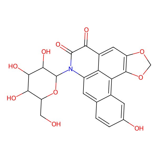 2D Structure of 17-Hydroxy-11-[3,4,5-trihydroxy-6-(hydroxymethyl)oxan-2-yl]-3,5-dioxa-11-azapentacyclo[10.7.1.02,6.08,20.014,19]icosa-1(19),2(6),7,12(20),13,15,17-heptaene-9,10-dione