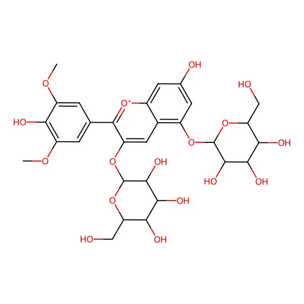 2D Structure of (2S,3R,4S,5S,6S)-2-[7-hydroxy-2-(4-hydroxy-3,5-dimethoxyphenyl)-3-[(2S,3R,4S,5S,6R)-3,4,5-trihydroxy-6-(hydroxymethyl)oxan-2-yl]oxychromenylium-5-yl]oxy-6-(hydroxymethyl)oxane-3,4,5-triol