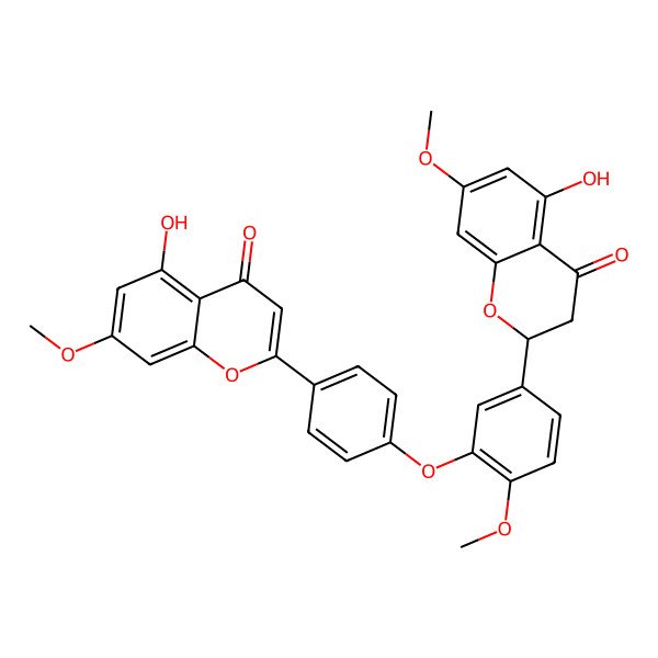 2D Structure of 5-hydroxy-2-[4-[5-[(2S)-5-hydroxy-7-methoxy-4-oxo-2,3-dihydrochromen-2-yl]-2-methoxyphenoxy]phenyl]-7-methoxychromen-4-one