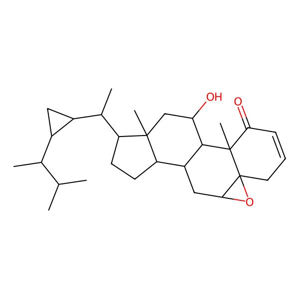 2D Structure of 18-Hydroxy-2,16-dimethyl-15-[1-[2-(3-methylbutan-2-yl)cyclopropyl]ethyl]-8-oxapentacyclo[9.7.0.02,7.07,9.012,16]octadec-4-en-3-one