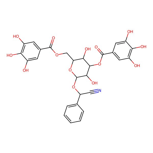 2D Structure of [(2R,3R,4S,5R,6R)-6-[(R)-cyano(phenyl)methoxy]-3,5-dihydroxy-4-(3,4,5-trihydroxybenzoyl)oxyoxan-2-yl]methyl 3,4,5-trihydroxybenzoate