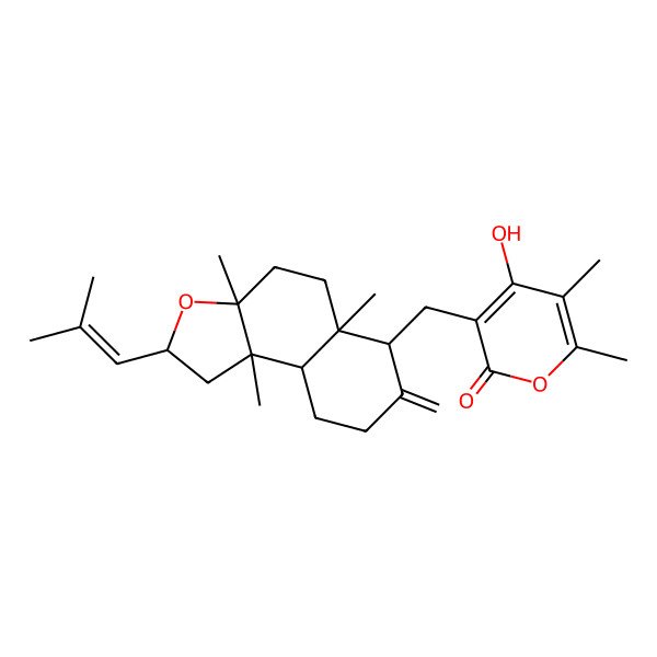 2D Structure of 3-[[3a,5a,9b-Trimethyl-7-methylidene-2-(2-methylprop-1-enyl)-1,2,4,5,6,8,9,9a-octahydrobenzo[e][1]benzofuran-6-yl]methyl]-4-hydroxy-5,6-dimethylpyran-2-one