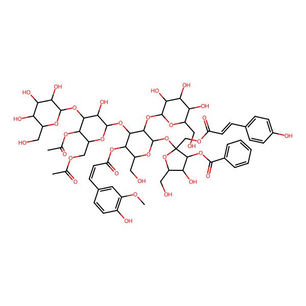 2D Structure of [(2S,3S,4R,5R)-2-[(2R,3R,4S,5R,6R)-4-[(2S,3R,4R,5R,6R)-5-acetyloxy-6-(acetyloxymethyl)-3-hydroxy-4-[(2S,3R,4S,5S,6R)-3,4,5-trihydroxy-6-(hydroxymethyl)oxan-2-yl]oxyoxan-2-yl]oxy-5-[(E)-3-(4-hydroxy-3-methoxyphenyl)prop-2-enoyl]oxy-6-(hydroxymethyl)-3-[(2S,3R,4S,5S,6R)-3,4,5-trihydroxy-6-(hydroxymethyl)oxan-2-yl]oxyoxan-2-yl]oxy-4-hydroxy-5-(hydroxymethyl)-2-[[(E)-3-(4-hydroxyphenyl)prop-2-enoyl]oxymethyl]oxolan-3-yl] benzoate