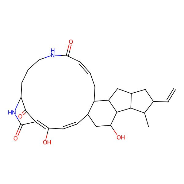 2D Structure of (3E,5S,7S,8R,9S,10S,11R,13R,15R,16S,18Z)-11-ethenyl-2,7-dihydroxy-10-methyl-21,26-diazapentacyclo[23.2.1.05,16.08,15.09,13]octacosa-1,3,18-triene-20,27,28-trione