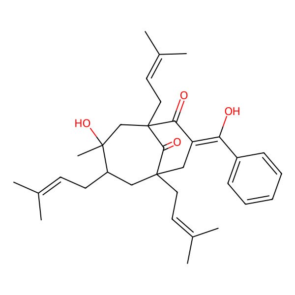 2D Structure of (8Z)-4-hydroxy-8-[hydroxy(phenyl)methylidene]-4-methyl-1,3,6-tris(3-methylbut-2-enyl)bicyclo[4.3.1]decane-7,10-dione
