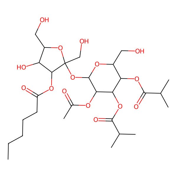 2D Structure of [(2S,3S,4R,5R)-2-[(2R,3R,4S,5R,6R)-3-acetyloxy-6-(hydroxymethyl)-4,5-bis(2-methylpropanoyloxy)oxan-2-yl]oxy-4-hydroxy-2,5-bis(hydroxymethyl)oxolan-3-yl] hexanoate