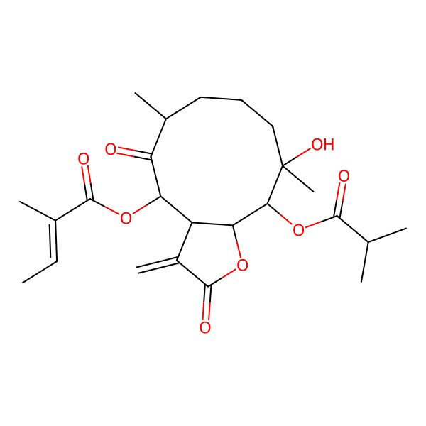 2D Structure of [10-Hydroxy-6,10-dimethyl-3-methylidene-11-(2-methylpropanoyloxy)-2,5-dioxo-3a,4,6,7,8,9,11,11a-octahydrocyclodeca[b]furan-4-yl] 2-methylbut-2-enoate