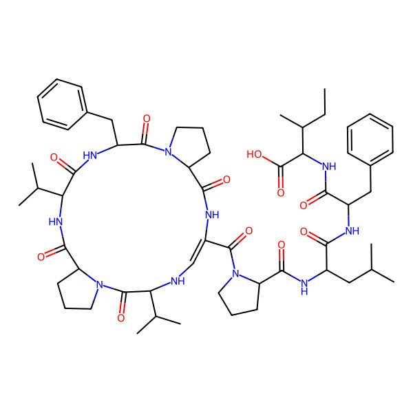 2D Structure of (2S,3S)-2-[[(2S)-2-[[(2S)-2-[[(2S)-1-[(3S,5E,9S,15S,18S,21S)-15-benzyl-2,8,14,17,20-pentaoxo-3,18-di(propan-2-yl)-1,4,7,13,16,19-hexazatricyclo[19.3.0.09,13]tetracos-5-ene-6-carbonyl]pyrrolidine-2-carbonyl]amino]-4-methylpentanoyl]amino]-3-phenylpropanoyl]amino]-3-methylpentanoic acid