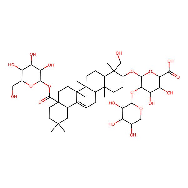 2D Structure of (2S,3S,4S,5R,6R)-6-[[(3S,4R,4aR,6aR,6bS,8aS,12aS,14aR,14bR)-4-(hydroxymethyl)-4,6a,6b,11,11,14b-hexamethyl-8a-[(2S,3R,4S,5S,6R)-3,4,5-trihydroxy-6-(hydroxymethyl)oxan-2-yl]oxycarbonyl-1,2,3,4a,5,6,7,8,9,10,12,12a,14,14a-tetradecahydropicen-3-yl]oxy]-3,4-dihydroxy-5-[(2S,3R,4S,5R)-3,4,5-trihydroxyoxan-2-yl]oxyoxane-2-carboxylic acid