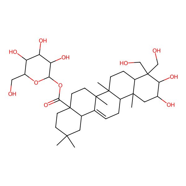 2D Structure of [3,4,5-Trihydroxy-6-(hydroxymethyl)oxan-2-yl] 10,11-dihydroxy-9,9-bis(hydroxymethyl)-2,2,6a,6b,12a-pentamethyl-1,3,4,5,6,6a,7,8,8a,10,11,12,13,14b-tetradecahydropicene-4a-carboxylate