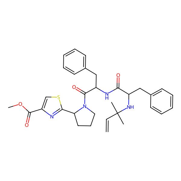 2D Structure of methyl 2-[(2S)-1-[(2S)-2-[[(2S)-2-(2-methylbut-3-en-2-ylamino)-3-phenylpropanoyl]amino]-3-phenylpropanoyl]pyrrolidin-2-yl]-1,3-thiazole-4-carboxylate