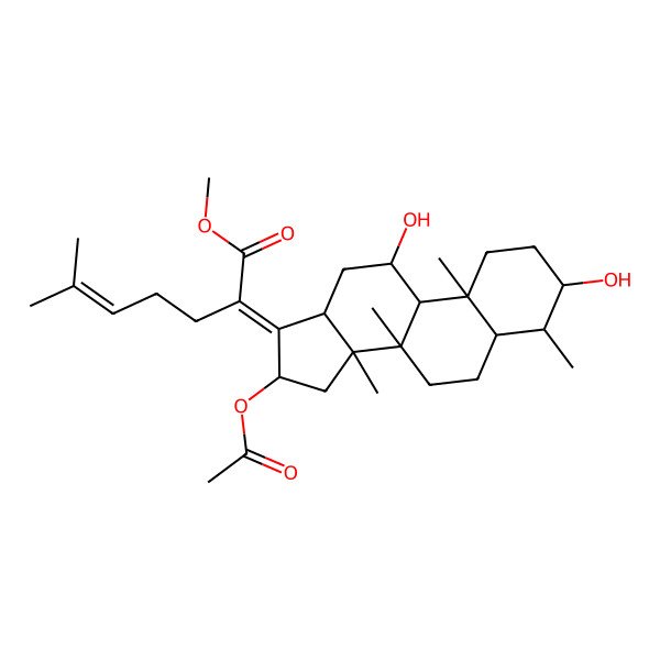 2D Structure of methyl (2Z)-2-[(3R,4S,5S,8S,9S,10S,11R,13R,14S,16S)-16-acetyloxy-3,11-dihydroxy-4,8,10,14-tetramethyl-2,3,4,5,6,7,9,11,12,13,15,16-dodecahydro-1H-cyclopenta[a]phenanthren-17-ylidene]-6-methylhept-5-enoate