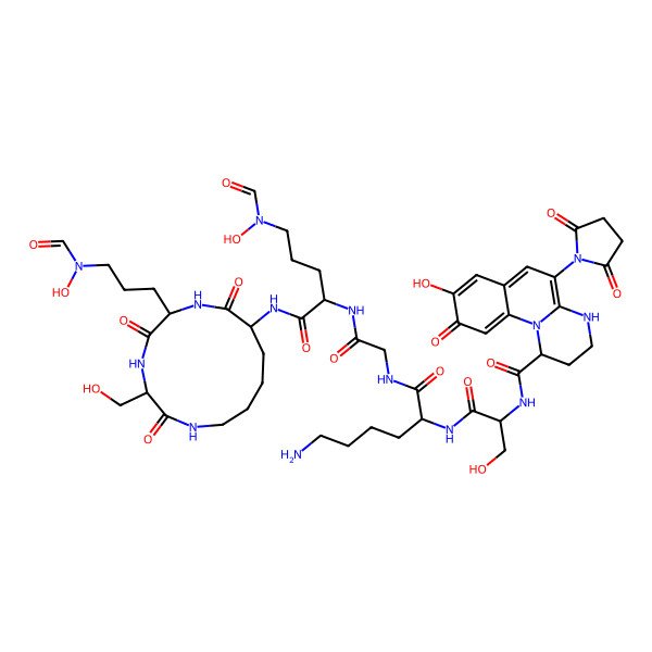 2D Structure of N-[1-[[6-amino-1-[[2-[[5-[formyl(hydroxy)amino]-1-[[6-[3-[formyl(hydroxy)amino]propyl]-3-(hydroxymethyl)-2,5,8-trioxo-1,4,7-triazacyclotridec-9-yl]amino]-1-oxopentan-2-yl]amino]-2-oxoethyl]amino]-1-oxohexan-2-yl]amino]-3-hydroxy-1-oxopropan-2-yl]-5-(2,5-dioxopyrrolidin-1-yl)-8-hydroxy-9-oxo-1,2,3,4-tetrahydropyrimido[1,2-a]quinoline-1-carboxamide