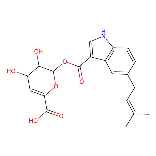 2D Structure of 3,4-dihydroxy-2-[5-(3-methylbut-2-enyl)-1H-indole-3-carbonyl]oxy-3,4-dihydro-2H-pyran-6-carboxylic acid