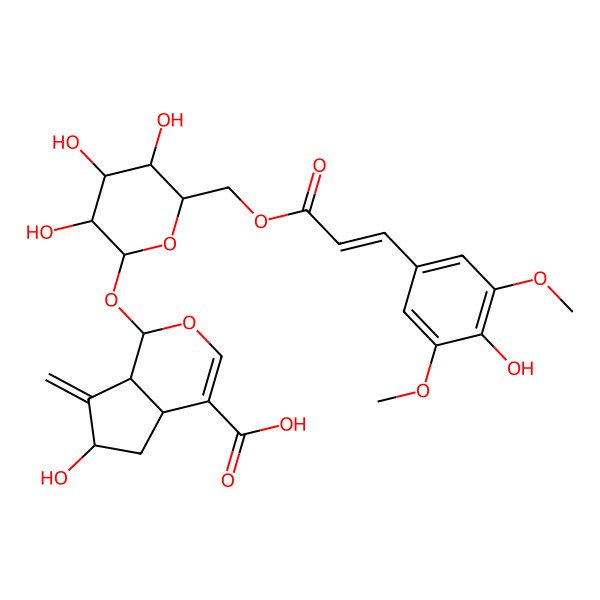 2D Structure of (1S)-1alpha-[6-O-(3,5-Dimethoxy-4-hydroxy-trans-cinnamoyl)-beta-D-glucopyranosyloxy]-6alpha-hydroxy-7-methylene-1,4aalpha,5,6,7,7aalpha-hexahydrocyclopenta[c]pyran-4-carboxylic acid