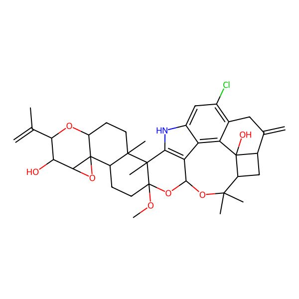 2D Structure of 22-Chloro-3-methoxy-16,17,34,34-tetramethyl-25-methylidene-11-prop-1-en-2-yl-2,8,12,33-tetraoxa-19-azadecacyclo[26.4.2.03,17.06,16.07,9.07,13.018,32.020,31.023,30.026,29]tetratriaconta-18(32),20,22,30-tetraene-10,29-diol