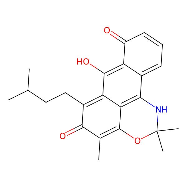 2D Structure of 8-hydroxy-12,15,15-trimethyl-10-(3-methylbutyl)-14-oxa-16-azatetracyclo[7.7.1.02,7.013,17]heptadeca-1(17),2,4,7,9,12-hexaene-6,11-dione