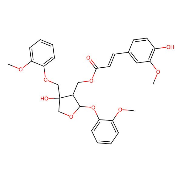 2D Structure of [(2S,3S,4R)-4-hydroxy-2-(2-methoxyphenoxy)-4-[(2-methoxyphenoxy)methyl]oxolan-3-yl]methyl (E)-3-(4-hydroxy-3-methoxyphenyl)prop-2-enoate