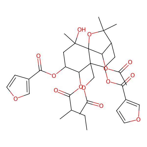 2D Structure of [12-Acetyloxy-6-(acetyloxymethyl)-4-(furan-3-carbonyloxy)-2-hydroxy-2,10,10-trimethyl-5-(2-methylbutanoyloxy)-11-oxatricyclo[7.2.1.01,6]dodecan-7-yl] furan-3-carboxylate