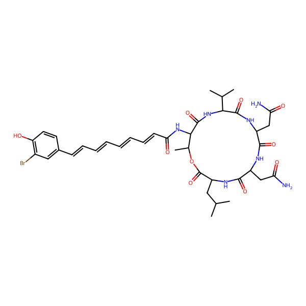 2D Structure of N-[6,9-bis(2-amino-2-oxoethyl)-16-methyl-3-(2-methylpropyl)-2,5,8,11,14-pentaoxo-12-propan-2-yl-1-oxa-4,7,10,13-tetrazacyclohexadec-15-yl]-9-(3-bromo-4-hydroxyphenyl)nona-2,4,6,8-tetraenamide
