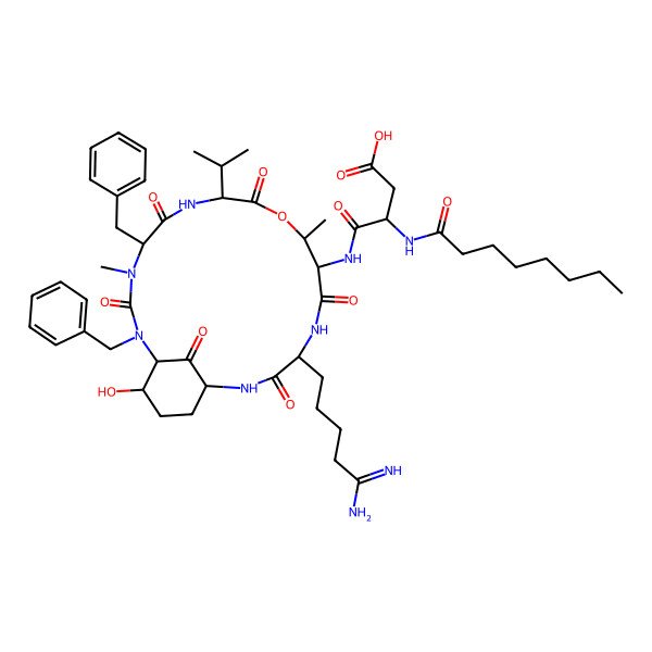 2D Structure of 4-[[15-(5-Amino-5-iminopentyl)-2,5-dibenzyl-21-hydroxy-4,11-dimethyl-3,6,9,13,16,22-hexaoxo-8-propan-2-yl-10-oxa-2,4,7,14,17-pentazabicyclo[16.3.1]docosan-12-yl]amino]-3-(octanoylamino)-4-oxobutanoic acid