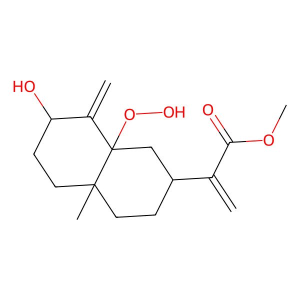 2D Structure of methyl 2-[(2R,4aS,7S,8aS)-8a-hydroperoxy-7-hydroxy-4a-methyl-8-methylidene-2,3,4,5,6,7-hexahydro-1H-naphthalen-2-yl]prop-2-enoate