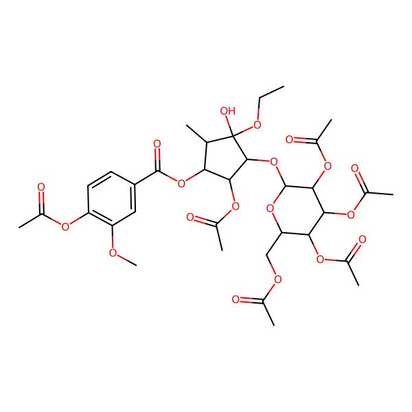 2D Structure of [5-Acetyloxy-3-ethoxy-3-hydroxy-2-methyl-4-[3,4,5-triacetyloxy-6-(acetyloxymethyl)oxan-2-yl]oxycyclopentyl] 4-acetyloxy-3-methoxybenzoate