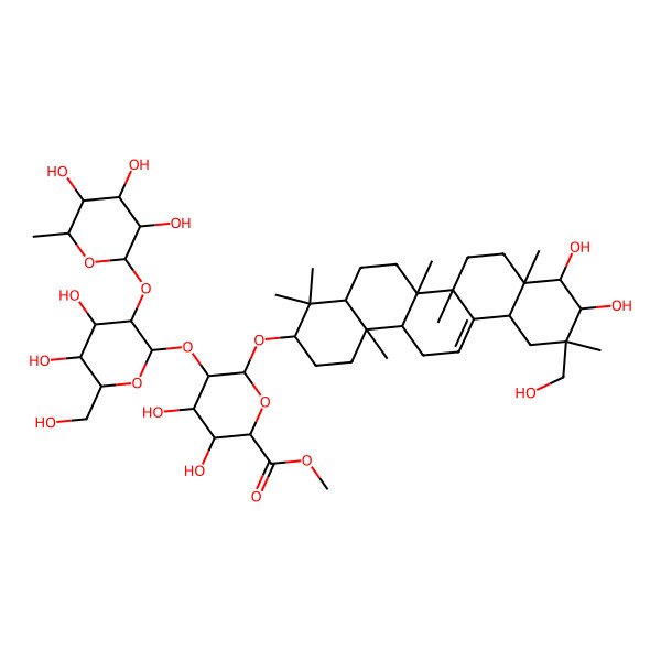 2D Structure of methyl (2S,3S,4S,5R,6R)-6-[[(3S,4aR,6aR,6bS,8aR,9S,10R,11R,12aS,14aR,14bR)-9,10-dihydroxy-11-(hydroxymethyl)-4,4,6a,6b,8a,11,14b-heptamethyl-1,2,3,4a,5,6,7,8,9,10,12,12a,14,14a-tetradecahydropicen-3-yl]oxy]-5-[(2S,3R,4S,5R,6R)-4,5-dihydroxy-6-(hydroxymethyl)-3-[(2S,3R,4R,5R,6S)-3,4,5-trihydroxy-6-methyloxan-2-yl]oxyoxan-2-yl]oxy-3,4-dihydroxyoxane-2-carboxylate