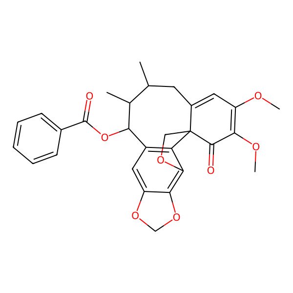 2D Structure of (18,19-Dimethoxy-13,14-dimethyl-20-oxo-3,6,8-trioxapentacyclo[9.9.1.01,16.04,21.05,9]henicosa-4(21),5(9),10,16,18-pentaen-12-yl) benzoate