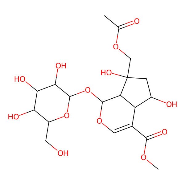 2D Structure of methyl (1S,4aS,5R,7R,7aS)-7-(acetyloxymethyl)-5,7-dihydroxy-1-[(2S,3R,4S,5S,6R)-3,4,5-trihydroxy-6-(hydroxymethyl)oxan-2-yl]oxy-4a,5,6,7a-tetrahydro-1H-cyclopenta[c]pyran-4-carboxylate