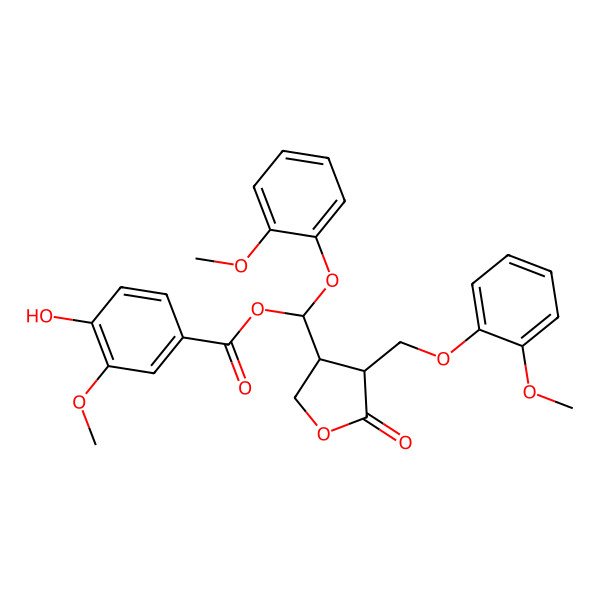 2D Structure of [(S)-(2-methoxyphenoxy)-[(3R,4R)-4-[(2-methoxyphenoxy)methyl]-5-oxooxolan-3-yl]methyl] 4-hydroxy-3-methoxybenzoate