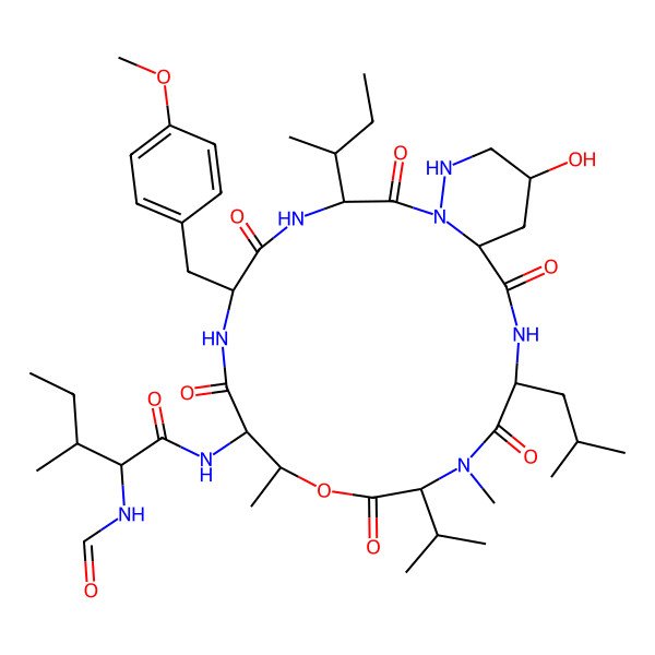 2D Structure of N-[3-butan-2-yl-21-hydroxy-6-[(4-methoxyphenyl)methyl]-10,14-dimethyl-16-(2-methylpropyl)-2,5,8,12,15,18-hexaoxo-13-propan-2-yl-11-oxa-1,4,7,14,17,23-hexazabicyclo[17.4.0]tricosan-9-yl]-2-formamido-3-methylpentanamide