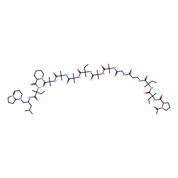 2D Structure of (2S)-1-[2-[[2-[[2-[[(2S)-2-[[2-[[2-[[2-[3-[[(2S)-2-[[(2S)-2-[[(2S)-1-acetylpyrrolidine-2-carbonyl]amino]-2-methylbutanoyl]amino]-2-methylbutanoyl]amino]propanoylamino]acetyl]amino]-2-methylpropanoyl]amino]-2-methylpropanoyl]amino]-2-methylbutanoyl]amino]-2-methylpropanoyl]amino]-2-methylpropanoyl]amino]-2-methylpropanoyl]-N-[(2S)-1-[[1-(2,3,6,7,8,8a-hexahydropyrrolo[1,2-a]pyrimidin-5-ium-1-yl)-4-methylpentan-2-yl]amino]-2-methyl-1-oxobutan-2-yl]piperidine-2-carboxamide