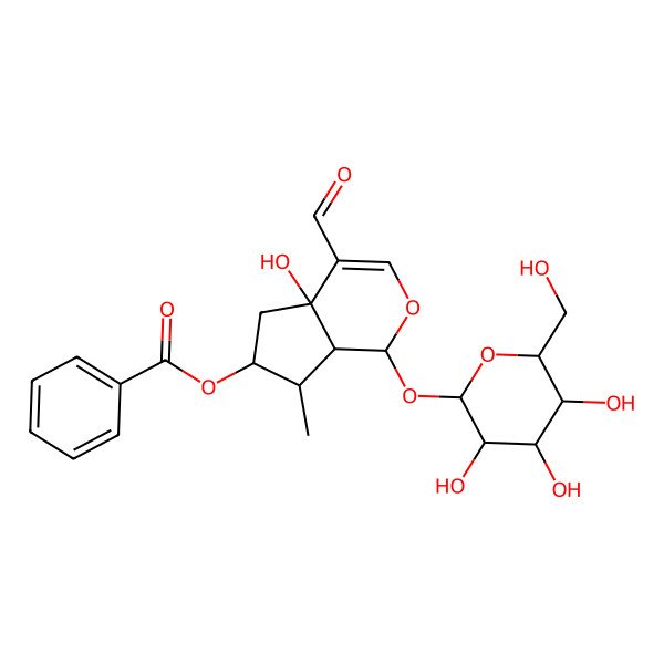 2D Structure of [(1S,4aR,6S,7R,7aR)-4-formyl-4a-hydroxy-7-methyl-1-[(2S,3R,4S,5S,6R)-3,4,5-trihydroxy-6-(hydroxymethyl)oxan-2-yl]oxy-5,6,7,7a-tetrahydro-1H-cyclopenta[c]pyran-6-yl] benzoate