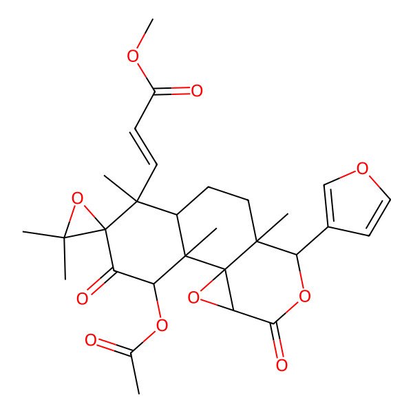2D Structure of methyl (Z)-3-[(1R,2S,5S,6R,7R,10S,11S,14S)-3-acetyloxy-11-(furan-3-yl)-2,3',3',6,10-pentamethyl-4,13-dioxospiro[12,15-dioxatetracyclo[8.5.0.01,14.02,7]pentadecane-5,2'-oxirane]-6-yl]prop-2-enoate