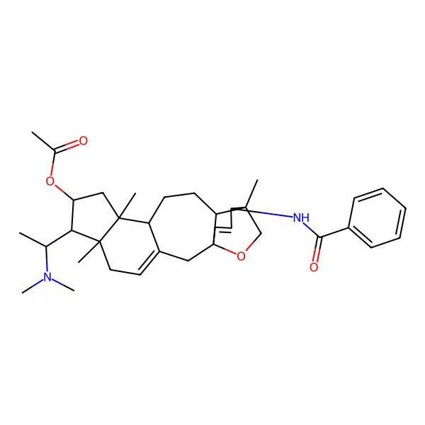 2D Structure of [16-Benzamido-7-[1-(dimethylamino)ethyl]-6,10,15-trimethyl-19-oxapentacyclo[13.3.2.01,14.03,11.06,10]icosa-3,17-dien-8-yl] acetate