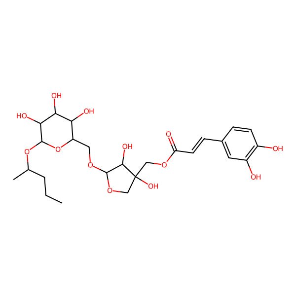 2D Structure of [(3S,4R,5R)-3,4-dihydroxy-5-[[(2R,3R,4S,5R,6R)-3,4,5-trihydroxy-6-[(2S)-pentan-2-yl]oxyoxan-2-yl]methoxy]oxolan-3-yl]methyl (E)-3-(3,4-dihydroxyphenyl)prop-2-enoate